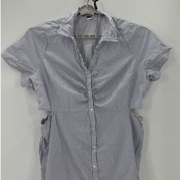 Old Navy Striped Cutout Midi Shirt Dress blue white size 3X cotton side slits - Picture 3 of 10